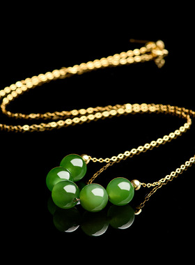 菠菜绿老料和田玉碧玉8mm圆珠锁骨链吊坠S925银天然玉石女款项链