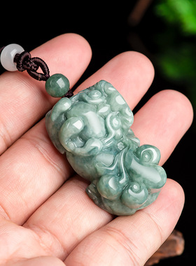 天然正品A货翡翠豆绿如意霸王貔貅豆种玉石吊坠瑞兽皮丘挂饰挂件