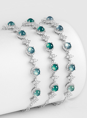 高档天然A货翡翠蓝水蛋面手链冰种玉石S925银镶女款时尚手饰