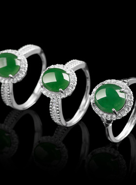 S925银镶天然A货翡翠阳绿大蛋面戒指冰种玉石指环女款时尚可调节