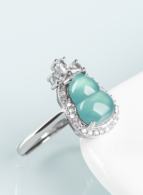 S925银镶嵌天然A货翡翠蓝水葫芦冰种玉石戒指时尚指环女款可调节