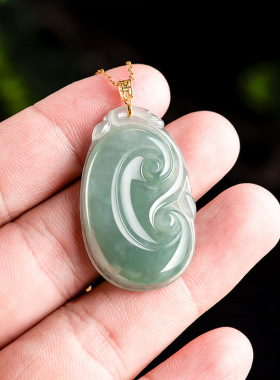 天然缅甸A货翡翠油青如意吊坠18K金镶嵌冰种玉石挂件花件女款玉坠