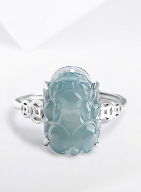 S925银镶嵌天然A货翡翠蓝水貔貅冰种玉石皮丘时尚指环女戒可调节