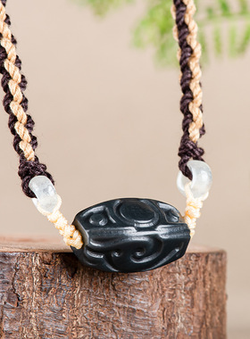 老料和田玉墨玉正品仿古纹路路通吊坠正品天然玉石挂件项链男女