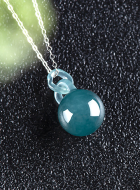 天然A货翡翠蓝水锁扣圆珠吊坠糯种玉石S925银镶时尚简约女款首饰