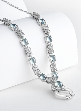 高档天然A货翡翠蓝水蛋面吊坠S925银镶冰种玉石女款时尚挂件套链