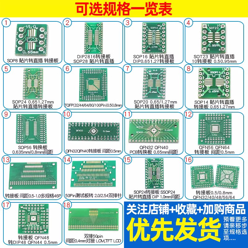 SOP转接板 SOP8 SOP10 SOP16 SOP28 TQFP QFN56/64 IC测试板PCB板-图2