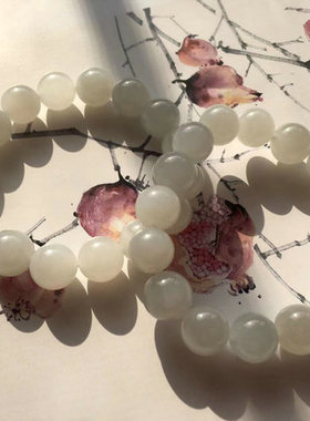 天然和田玉青海料白玉起冰带微猫12mm手串