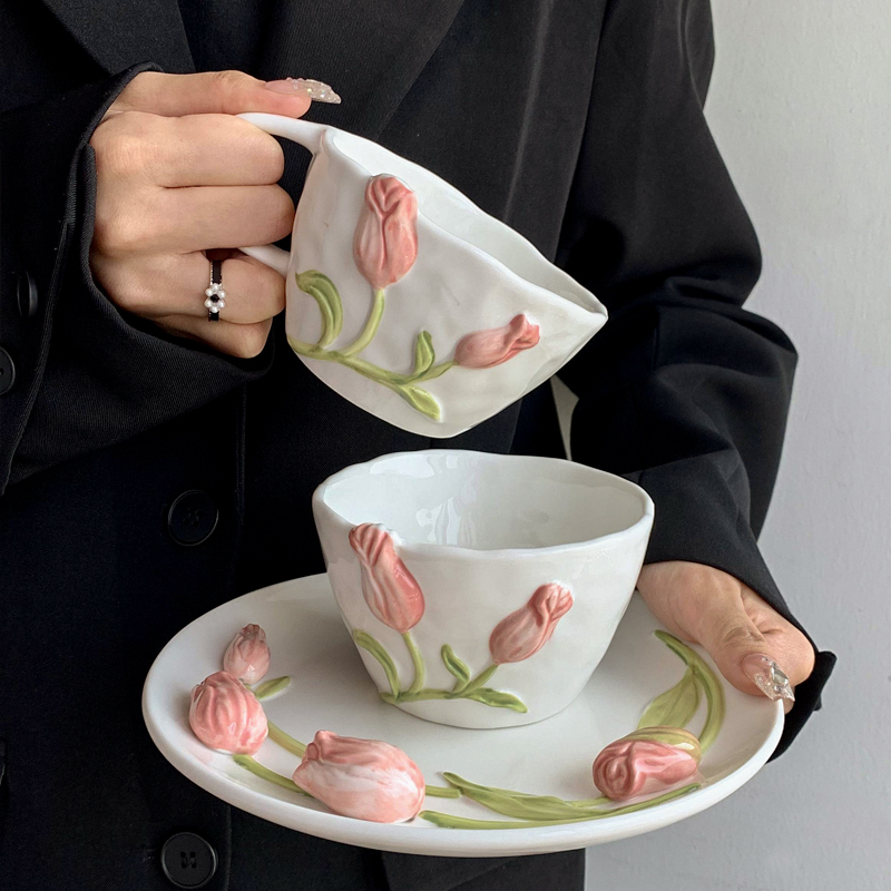郁金香陶瓷马克杯设计感立体浮雕水杯带把咖啡杯复古家用喝水杯子 - 图1