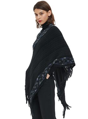 New Pullover Striped Solid Color Fringed Knitted Cape Shawl
