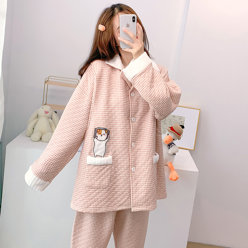 月子服10月份纯棉产后秋冬夹棉睡衣 椰芒家居服套装