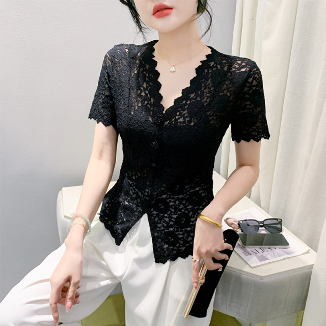 European Sexy Hollow Lace Shirt ເສື້ອແຂນສັ້ນ ທາງເທິງ