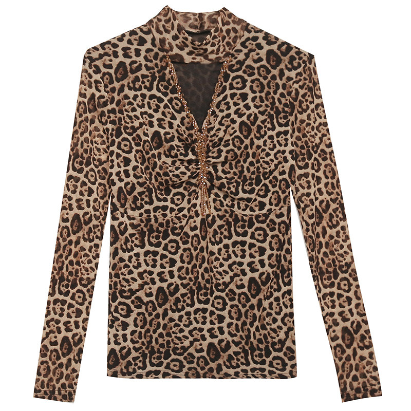 性感镂空V领钉珠T恤女长袖欧货豹纹网纱上衣紧身内搭加绒打底衫潮,淘宝优惠券,粉丝福利购,淘宝优惠卷