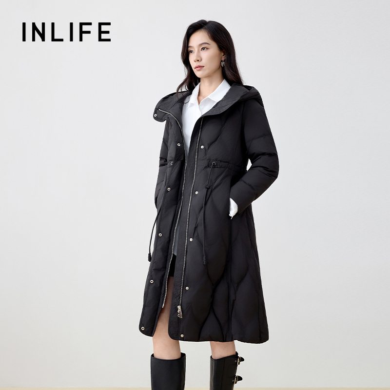 伊纳芙长款收腰连帽羽绒服女25冬季新款时尚加厚保暖过膝鸭绒外套 - 图1