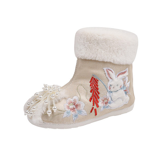 Hanfu Shoe Boots Girls Winter 2025 New Embroidered Shoes Children's Old Beijing Cloth Shoes New Year Cotton Shoes Boots