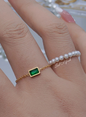 Selfish|精选|小众高级法式复古绿宝石黑钻极细链条可调节戒指