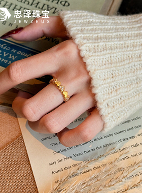 黄金拉丝桃心戒指女新款 999足金满圈爱心镶嵌小众设计指环送女友