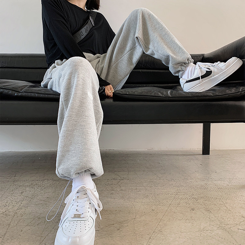 灰色束脚宽松直筒秋冬季高腰运动裤 怡塔芙休闲裤