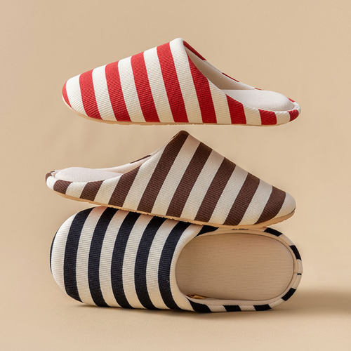 棉拖鞋女冬季情侣室内居家包头软底防滑加绒保暖简约条纹毛毛鞋男 - 图3