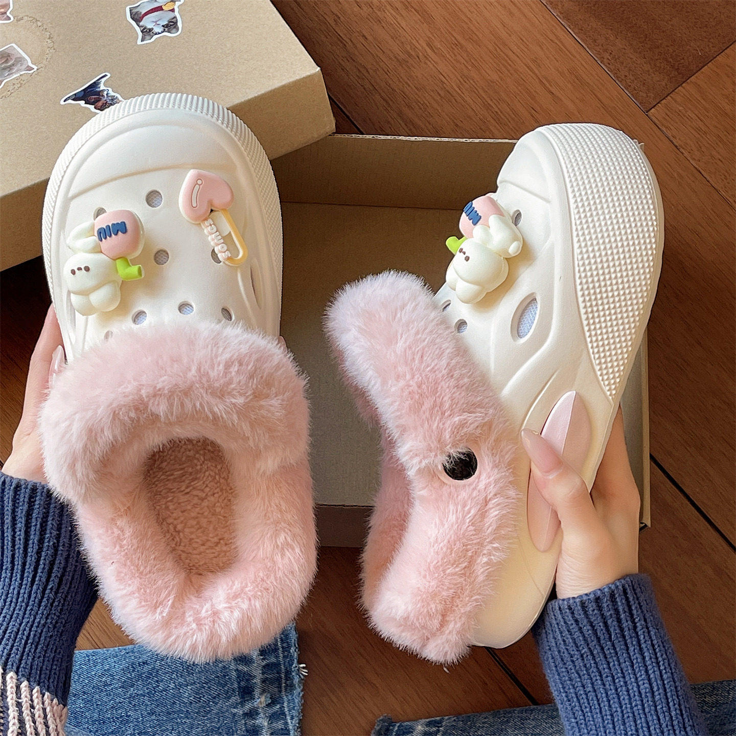 洞洞鞋女款冬季加绒保暖学生室内外穿防滑厚底可爱小兔包头棉拖鞋,淘宝优惠券,粉丝福利购,淘宝优惠卷