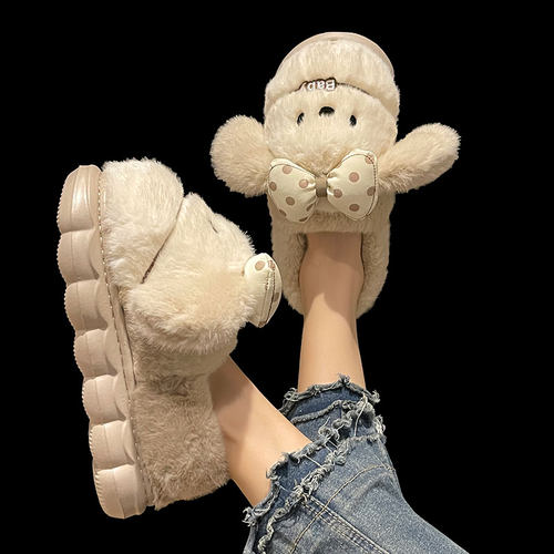 棉拖鞋女冬季可爱蝴蝶结小狗毛绒保暖少女心月子室内居家包跟棉鞋 - 图3