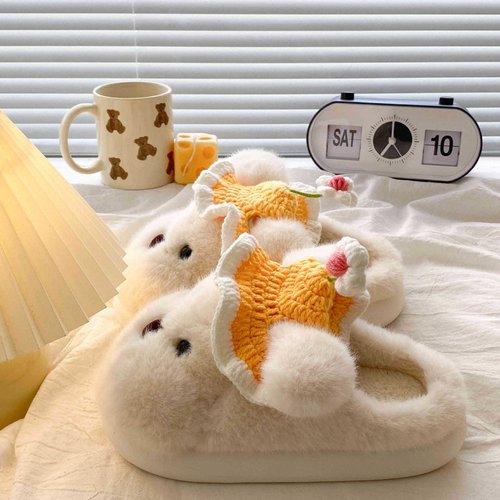 毛毛拖鞋女秋冬季新款室内外穿加绒保暖厚底包头可爱大耳狗棉拖鞋 - 图0