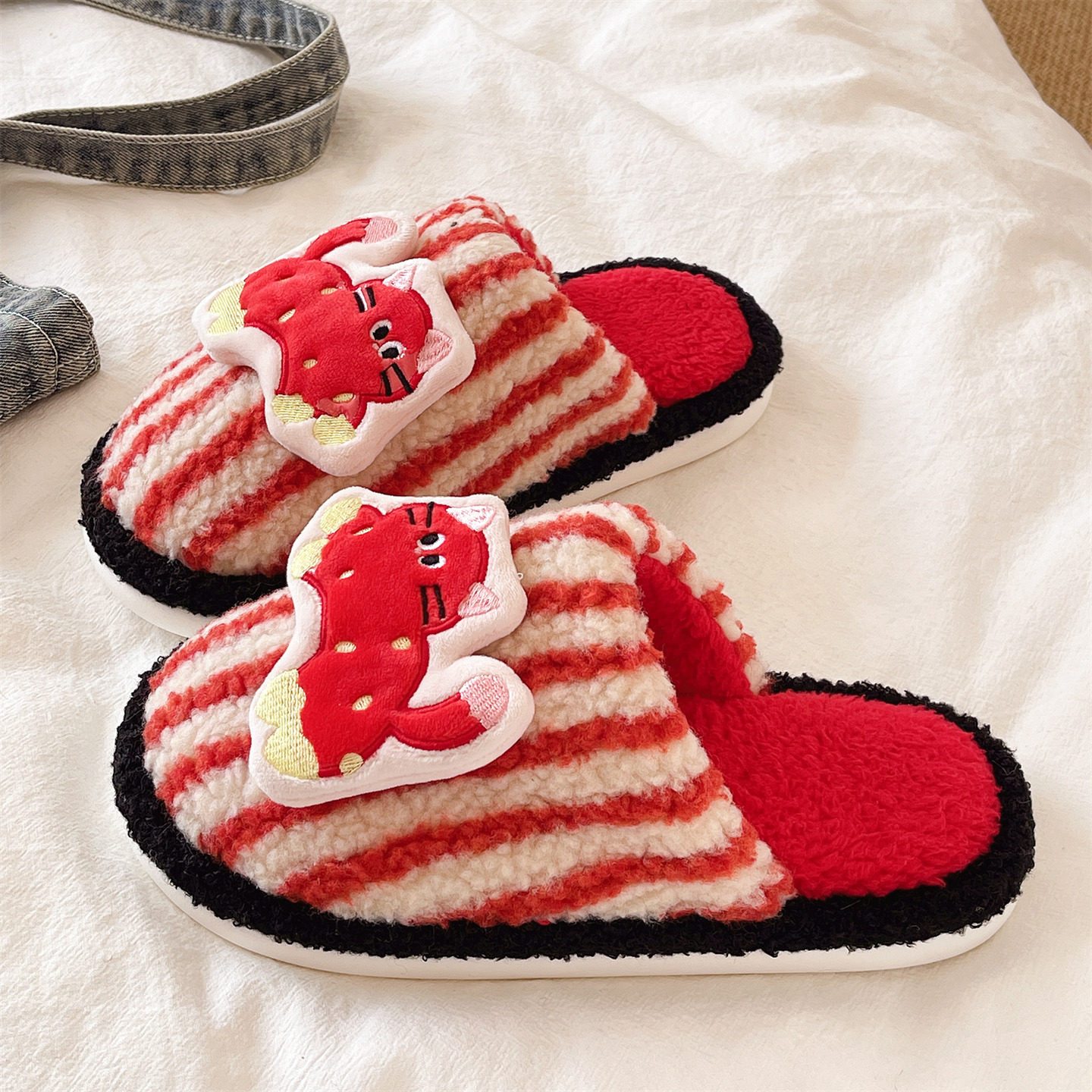 条纹棉拖鞋女冬季室内居家保暖毛绒可爱卡通猫咪厚底防滑包头拖鞋,淘宝优惠券,粉丝福利购,淘宝优惠卷