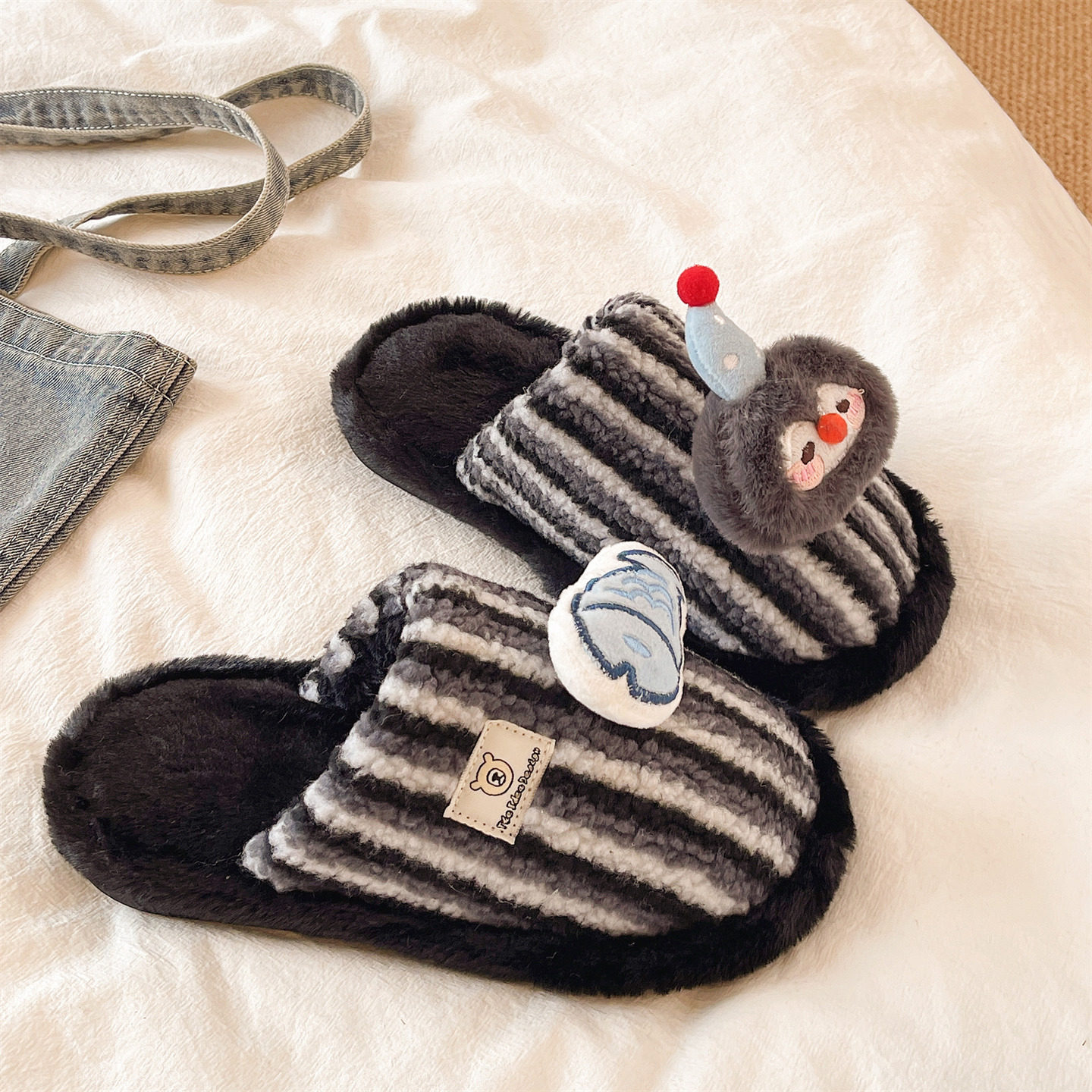 条纹毛毛拖鞋女冬季外穿加绒保暖居家防滑可爱企鹅小鱼包头棉拖鞋,淘宝优惠券,粉丝福利购,淘宝优惠卷