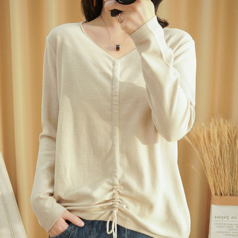 v领纯棉麻秋季宽松长袖抽绳针织衫 母耕花毛针织衫