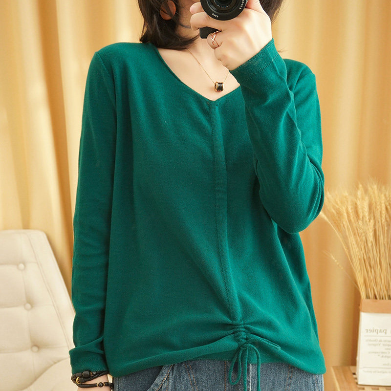 v领纯棉麻秋季宽松长袖抽绳针织衫 母耕花毛针织衫