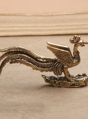 黄铜实心纯铜小摆件桌面手把件凤凰鸟茶道茶宠装饰品礼品工艺品