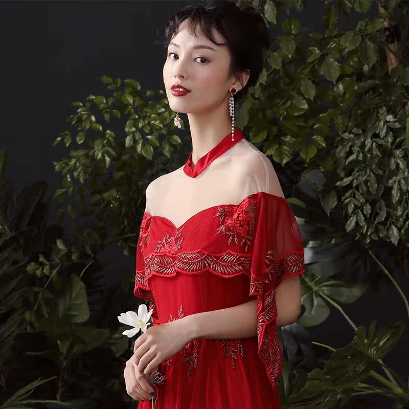 槿爷秋冬新款藤花刺绣红色长连衣裙 槿爷旗舰婚纱