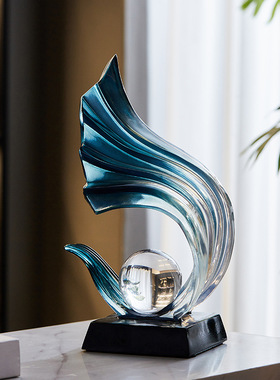 中式轻奢蓝色水晶球时来运转摆件