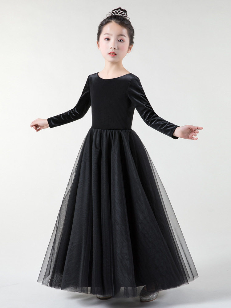 新款女童黑色长袖晚礼服可爱钢琴演出服小提琴演奏公主裙春夏弹力