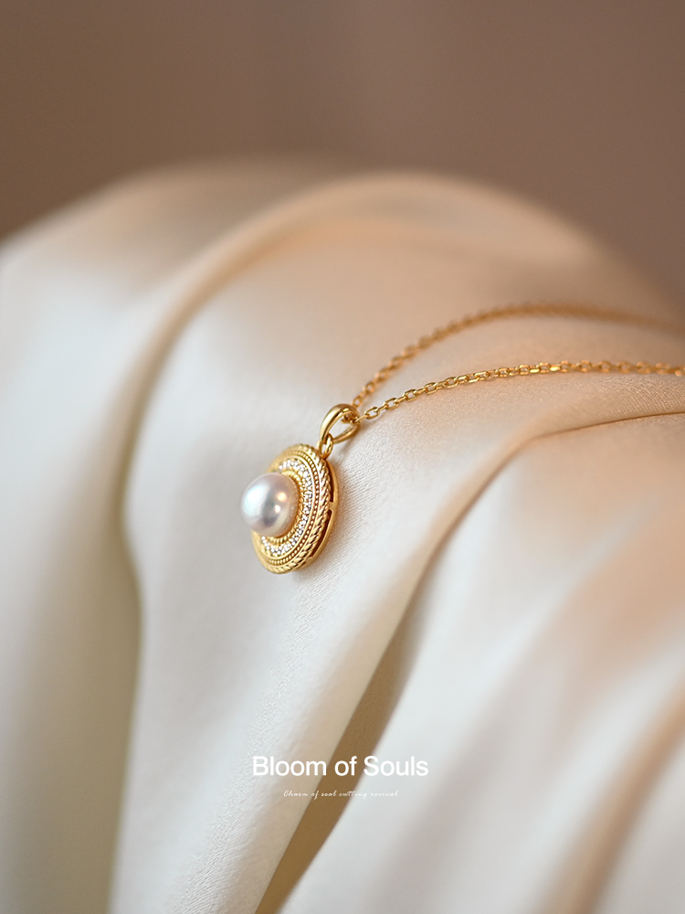 《涟漪》原创设计S925纯银天然淡水珍珠项链圆形复古法式吊坠女新-图0
