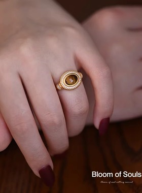 纯银虎眼石法式复古轻奢女戒