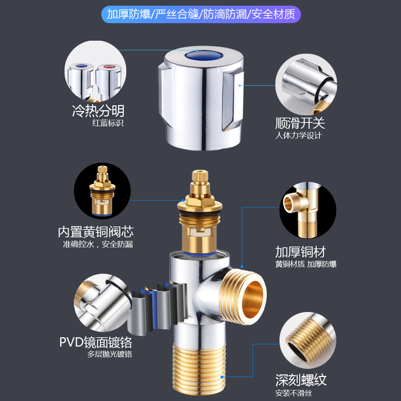 三角阀304不锈钢冷热水4分阀门开关家用全铜三通一进二出止分水阀 - 图0