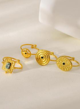 跨境新品复古天然石不锈钢戒指个性百搭镀金敲打纹开口钛钢戒指女