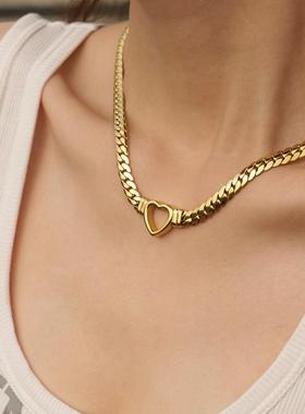 欧美网红个性嘻哈14K金扁平古巴链爱心项链饰品仿真大金链子