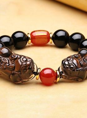 天然冰种黑曜石双貔貅手链冰晶石红玛瑙经文桶珠黄虎眼石男女手串