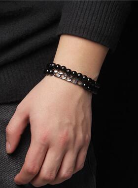 亚马逊跨境热卖熔岩火山石精油手链男木珠黑玻璃珠子链条组合手链