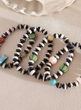 欧美亚马逊热销黑白条纹玻璃天然石小鱼串珠手串高级百搭手工手链