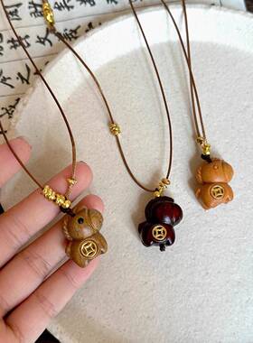 「马上有钱」木质元宝吊坠长款项链女款新中式复古毛衣链挂绳配饰