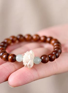 黄杨木莲花念珠手串古风檀木单圈复古雕花手链女款木质手串