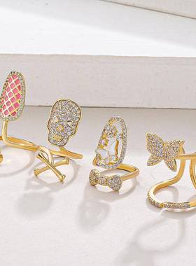 欧美新款小众创意潮流微镶锆石椭圆合金精致个性滴油指甲戒指女