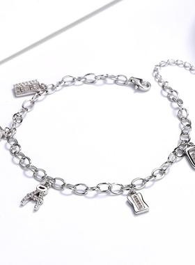 S925纯银流行款手链女欧美跨境气质个性环扣链条diy字母吊坠手链