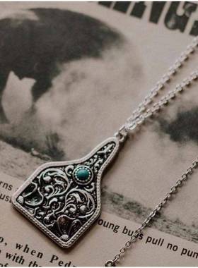 wish跨境欧美新品几何形复古雕刻绿松石吊坠项链