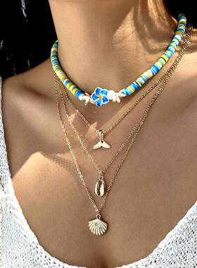 欧美跨境饰品叠戴软陶片海星项饰女海洋风贝壳海螺流苏多层项链