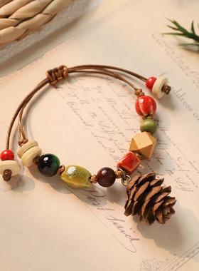 森系复古天然植物果实手链手工编织橡果手绳女小众文艺民族风手串