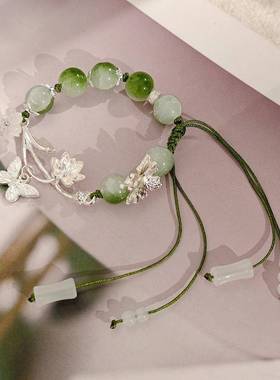 新中式古风绿色清冷蝴蝶花朵手链复古国风小众设计感串珠手饰女